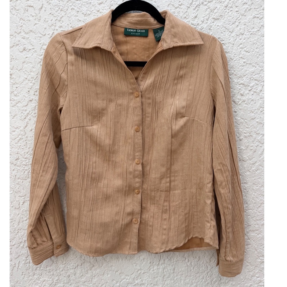 Lemon Grass Studio Tan Faux Suede Crinkle Textured Button Down Shirt Small - Picture 2 of 7